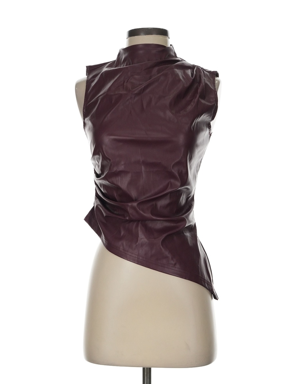 Sleeveless Asymmetric Faux Leather Top in Deep Plum
